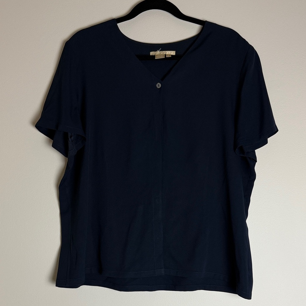 Studio 121 Women's Navy Blue V-Neck Button Down Short Sleeve Silk Blouse Size XL